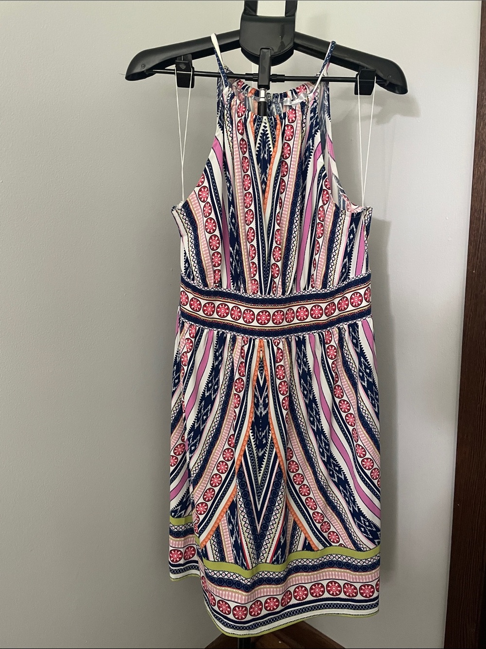 London Times Navy, Pink & White Striped Halter Mini Dress
